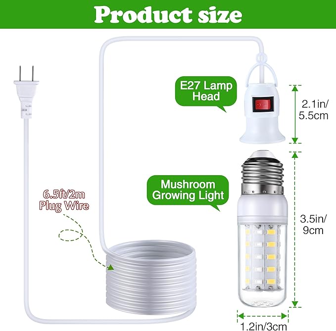 Meonum 1 Pack LED Mushroom Grow Light, Dual Spectrum Grow Light with 4.9 ft Extension Cord, 360° Hanging Mushroom Growing Lamp with White Blue LEDs for Indoor Plants