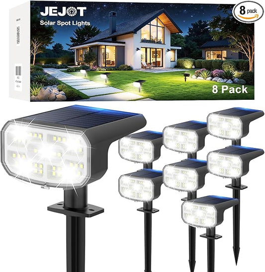 JEJOT Solar Lights Outdoor Waterproof IP65, Super Bright LED,Cool Light 2 Lighting Modes Selectable, Solar Powered Yard Garden Solar Spot Lights for Outside Landscape Auto On/Off -8 Pack