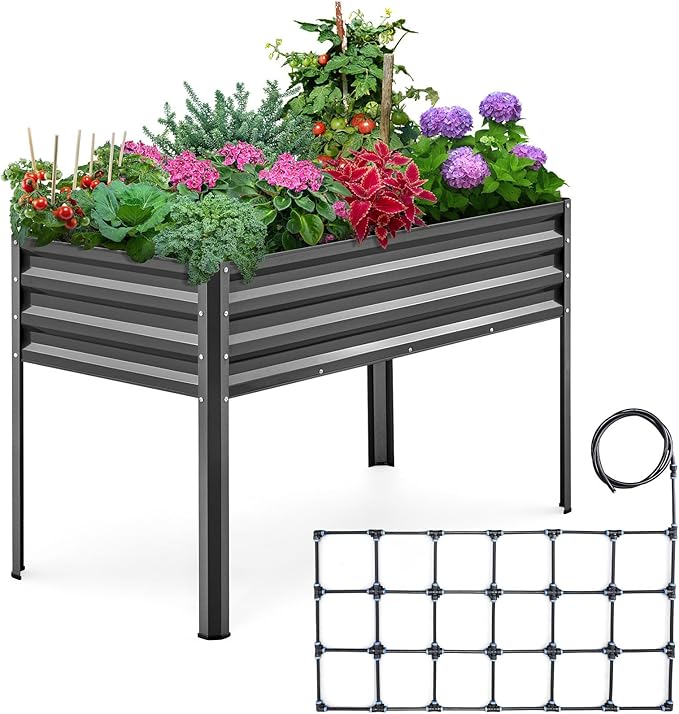 KING BIRD Raised Garden Bed with Irrigation System and Legs Galvanized Elevated Planter Box 48×24×31.5 in for Backyard, Patio, Balcony, 400lb Capacity, Dark Grey