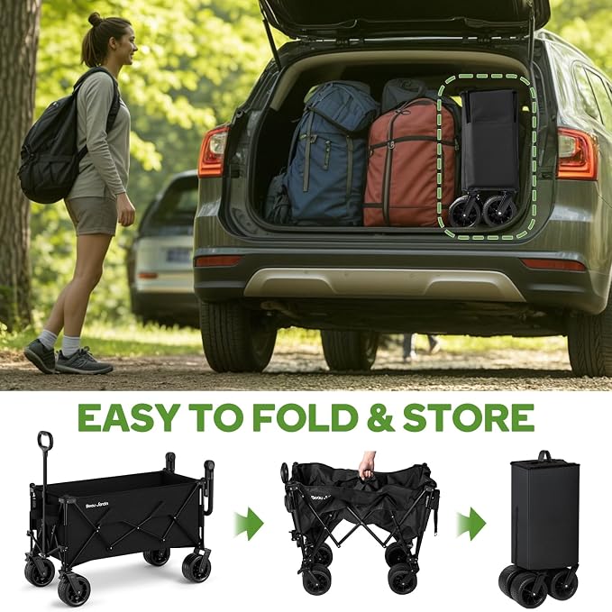 BEAU JARDIN Folding Push & Pull Beach Wagon 500 lbs Collapsible Foldable Wagons with Push Handle All Terrain Wheels Grocery Utility Camping Skiing Ice Fishing Sports Garden Wagon Cart Black