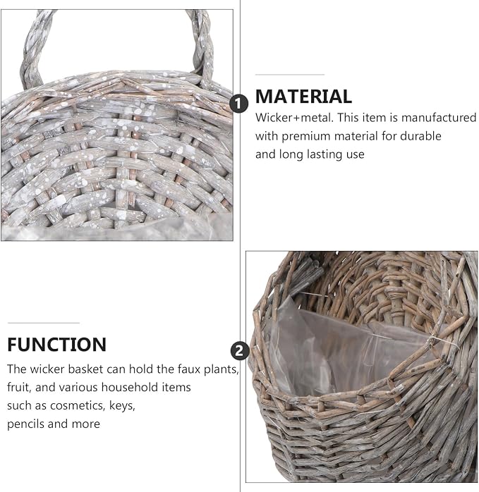 Wicker Hanging Basket Set 2 Pcs Handmade Wall-Mounted Planters for Indoor Outdoor Use Grey Willow Style Storage and Flowerpot