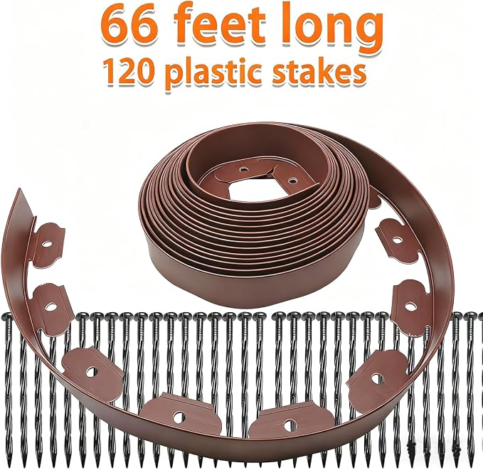 Landscape Edging 2in x 66FT Garden Edging Kit with 120 Spikes (66feet-Brown)