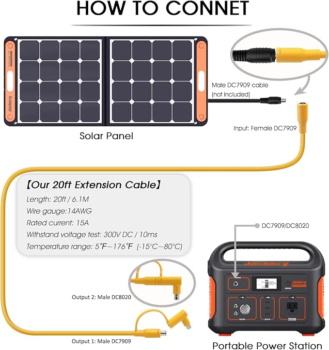 Solar Panel Extension Cable for Jackery 20FT, 14AWG 8mm DC Connector Compatible with Yeti, Anker, BLUETT, Jackery Portable Power Stations for Outdoor Camping, RV, Emergency Use (Yellow)