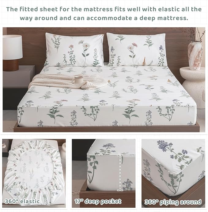 QSH Floral King Size Sheet Sets - 100% Egyptian Cotton Floral Bedding Sheets Flower Pattern Printed Bedding King Size Bed Sheets 17.5" Extra Deep Pocket 4pcs