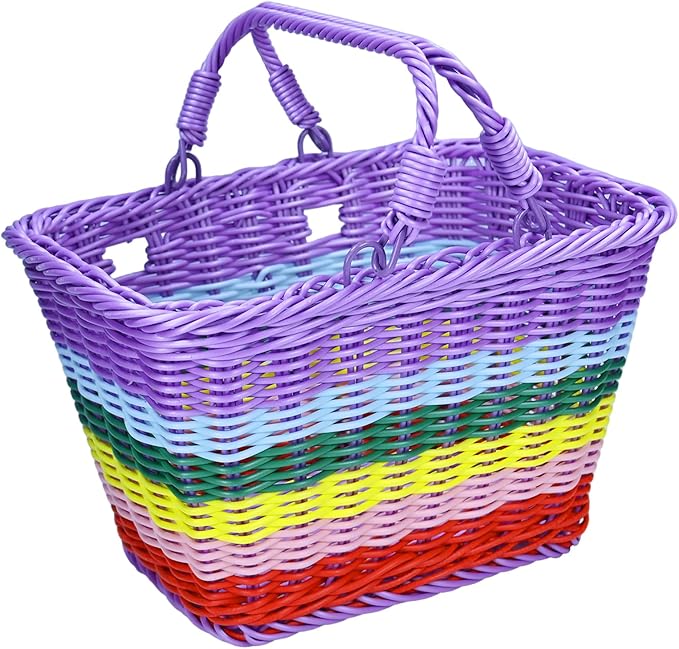 Picnic Basket with Handles, Rainbow Small Woven Wicker Basket for Kid Blue Garden Harvest Rattan Hamper Gift Basket Empty for Storage Toy Flower Wedding