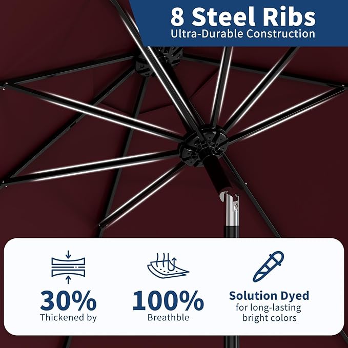 Garvee 9 ft Patio Umbrella - 8 Sturdy Ribs Outdoor Table Umbrella with Crank Lift & Push Button Tilt - Market Umbrella for Pool, Deck, Yard, Garden - Dark Red