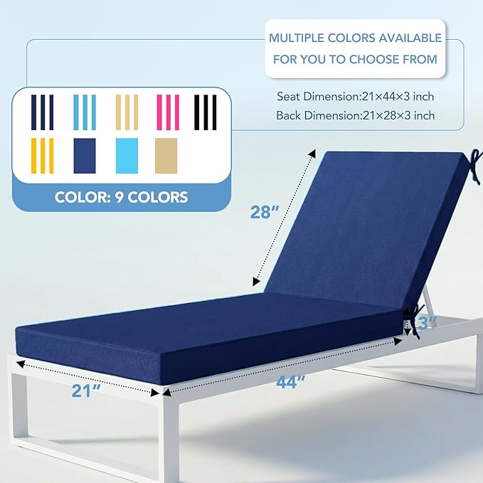 L'AGRATY Outdoor Lounge Chaise Cushion: 72x21x3 Inch Waterproof Lounge Chair Cushion for Outdoor Furniture with Fade Resistant Removable Cover - Patio Cushions for Pool Lawn Deck(Navyblue 1Pack)