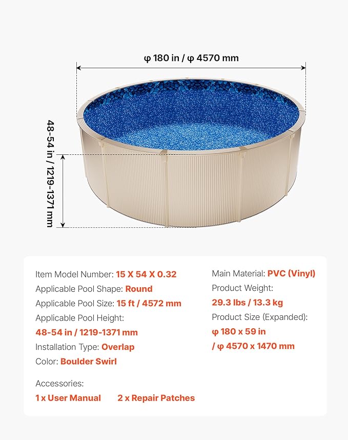 VEVOR 15-ft Round Above Ground Pool Liner, Overlap Pool Liners, Standard Gauge Vinyl, 48-to-54inch Wall Height, Designed for Steel Sided Above-Ground Swimming Pools