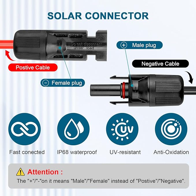 10 AWG Solar Extension Cable 25FT, Flexible Solar Panel Wire with Male to Female Connector Parallel Tinned Copper Wire for Solar Panel, Automotive, RV, Boat, Outdoors