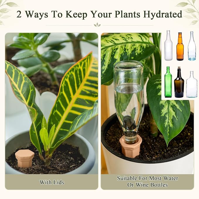12 Pack Terracotta Watering Spikes with Lids Plant Watering Spikes Automatic Plant Waterer Devices Outdoor Indoor Vacation Friendly Slow Release Self Waterer Planter Insert(Large)