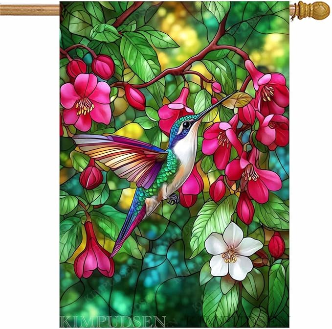 Hummingbird Spring Garden Flag Floral Birds 28x40 Inch Double Sided Burlap Large Yard Outdoor House Flag Spring Decor for Home, Porch, Farmhouse