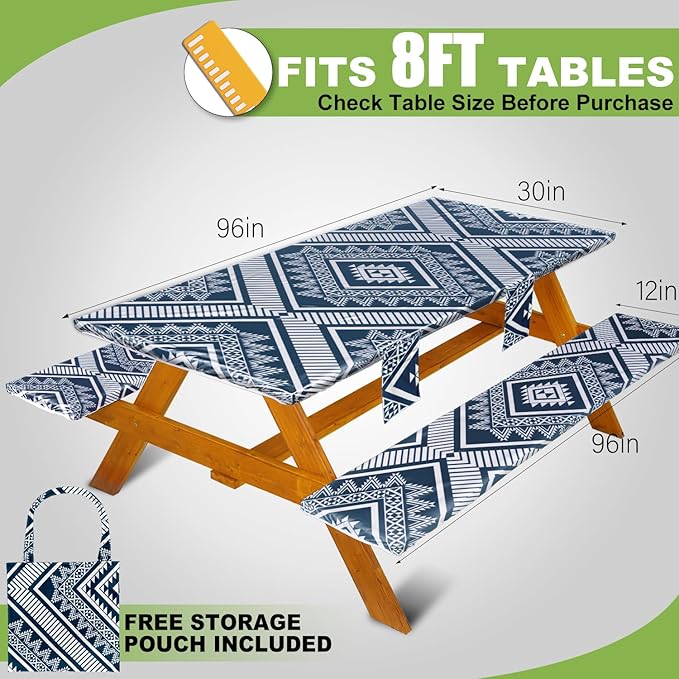 Fitted Picnic Table Cover with Bench Covers Waterproof Elastic Edges Rectangle Patio Tablecloth Outdoor Camping Essentials Stuff Rv Accessories Summer Trip Travel Camper Gifts for Woman Men, 96in 8 ft