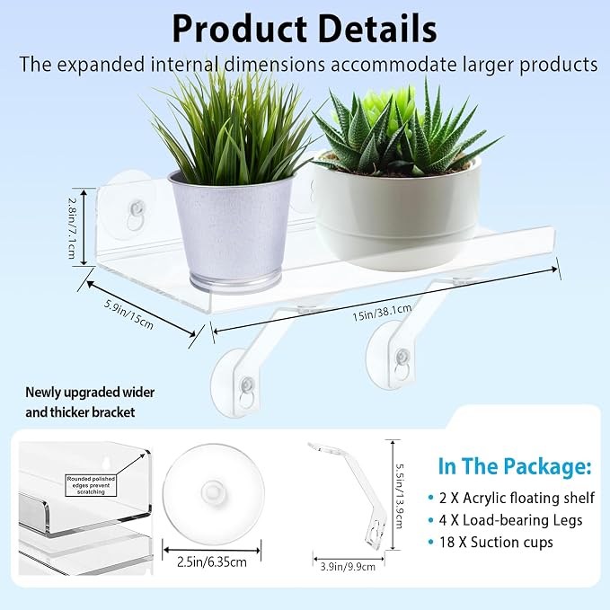 2 Pack 15 Inch Acrylic Window Boxes Plant Shelves, 6 Inch Extra-Wide Windowsill Extender – Features Suction Cups and Support Brackets for Succulents, Herbs, Seed Starting | Indoor/Outdoor Use