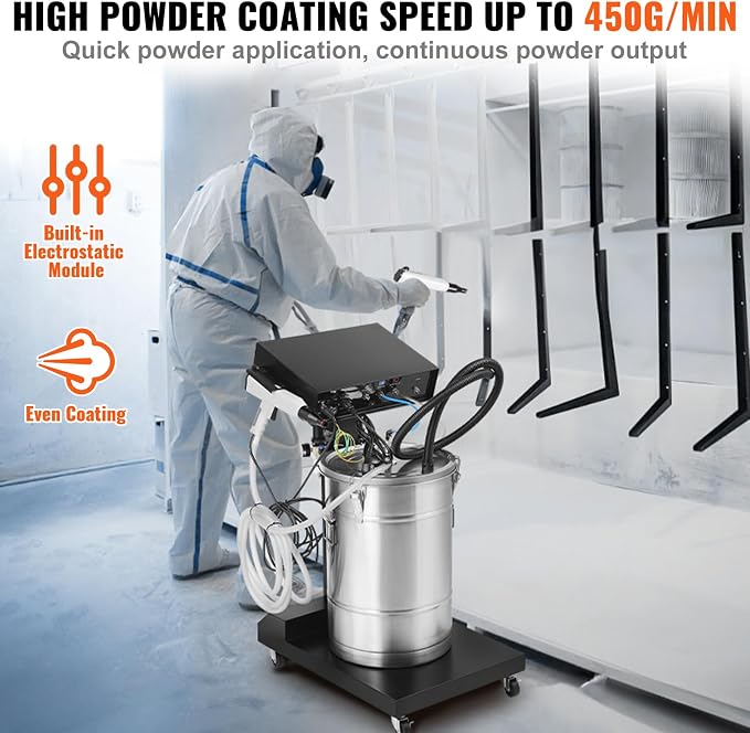 VEVOR Powder Coating System, 50W 100KV Electrostatic Output Machine with 50L Powder Hopper, 450g Per Minute Kit with Spray Gun and Trolley Base, Indoor and Outdoor