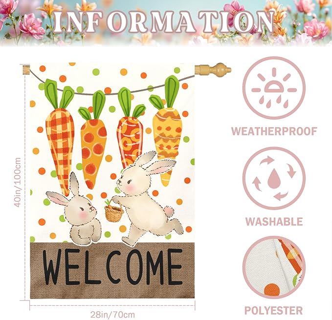 Large Easter Garden Flag 28x40 Inch Double Sided Welcome Bunny and Carrot Yard Flags Spring Outdoor Porch Decorations Farmhouse Easter Bunny House Banners for Lawn Patio Garden and Home Decor
