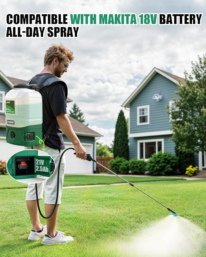 Battery Powered Backpack Sprayer 4 Gallon, 0-100 PSI Strong Electric Sprayer Compatible with Makita 18V Battery, 5 Nozzles, Weed Sprayer for Lawn & Garden, Yard, Fertilizer (Battery Inc)