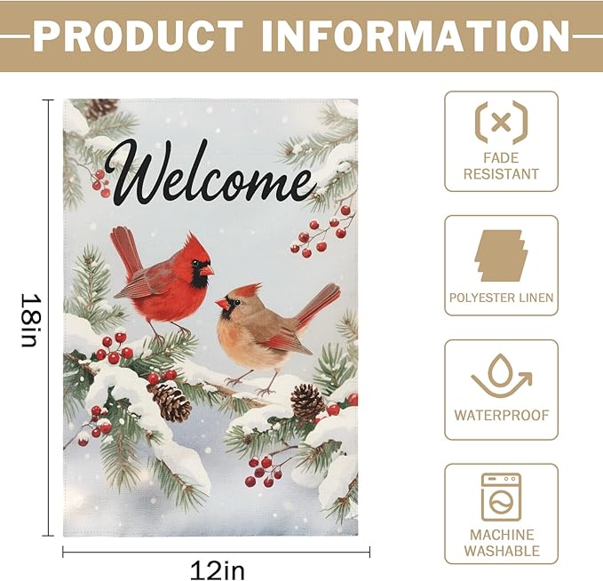 Winter Cardinal Garden Flag 12x18 Inch Snow Scene Bird Welcome Christmas Holiday Seasonal Decorative Yard Flags for Outside Double Sided Outdoor Home Farmhouse Decoration Porch New Year Decor