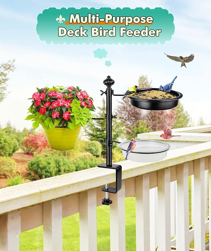 Deck Bird Feeder for Railing, BOLITE Balcony Bird Feeders for Outside, Three Trays, Enhanced Version, Black, Birthday Gifts for Women Men, Gifts for Mom Dad