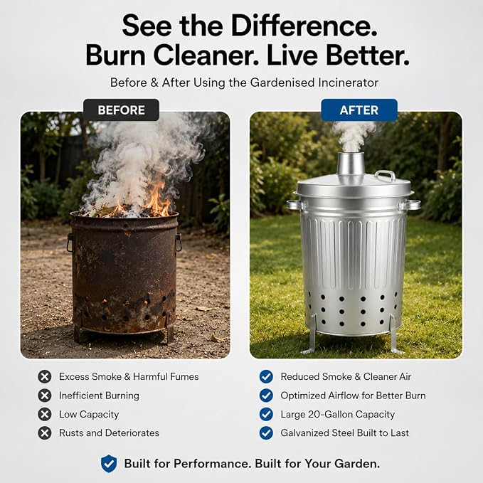 Gardenised Silver Galvanized Steel Outdoor Incinerator Can Large Garden Waste Burner Bin with Lid Ventilation Holes & Raised Legs for Yard Patio Backyard Leaves Paper and Household Debris