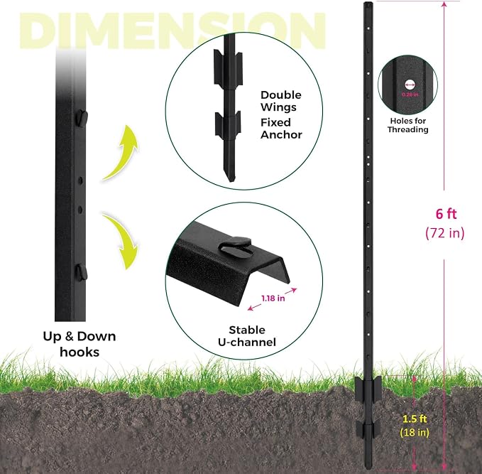 Fence Posts 6 Feet, Heavy Duty Metal Fence Post with U-Channel, Steel Fence U Post for Wire Fencing Steel Post for Yard, Outdoor Wire (Black - Set 8), AX015