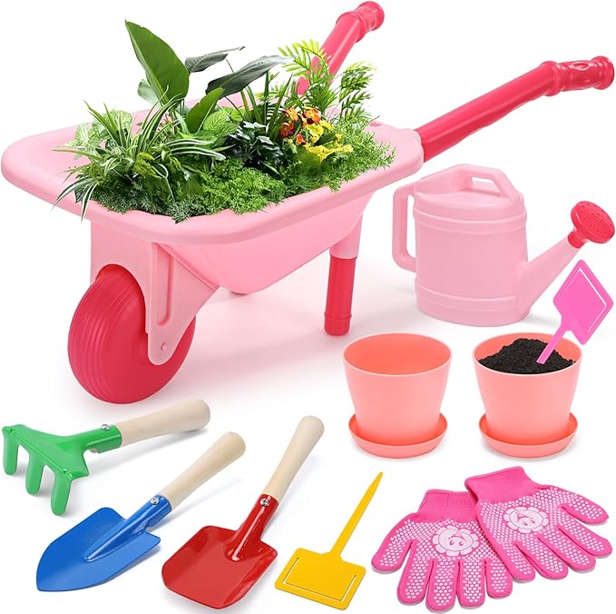 CUTE STONE Kids Gardening Tool Set, Pink Wheelbarrow with Garden Toys with Watering Can, Gloves, Hand Rake, Shovel, Trowel, Outdoor/Indoor Pretend Play Toys for Toddlers Boys Girls Age 3+