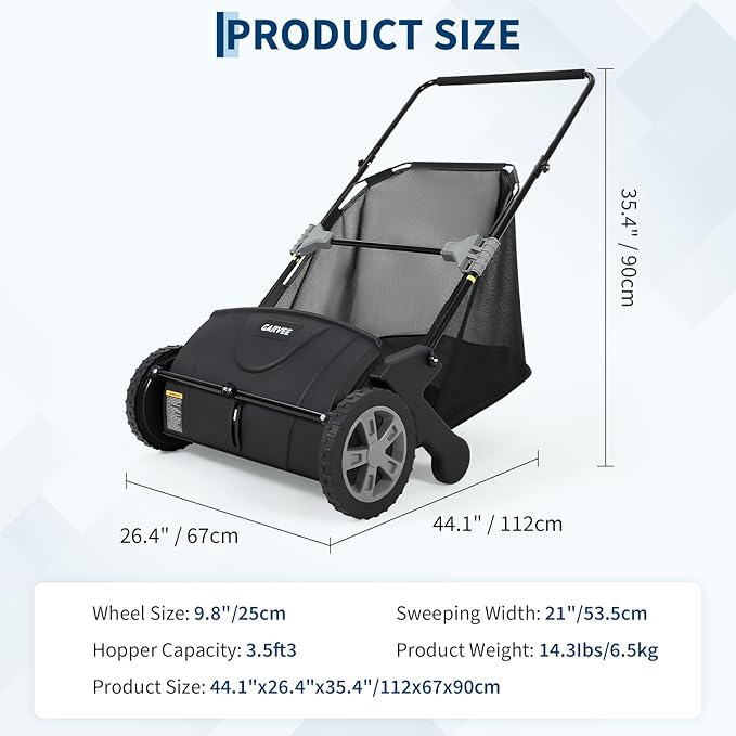 21" Push Lawn Sweeper, Heavy Duty Leaf Collector with 3.5 Cu. ft. Bag, Walk Behind Grass Sweeper, Dual Spinning Brushes, Adjustable Height for Leaves, Pine Needles & Yard Debris