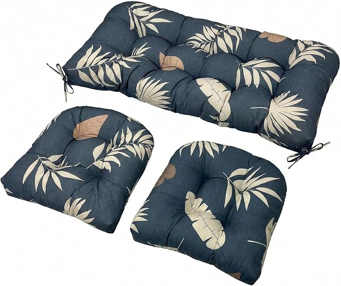 Wicker Chair Cushions Set, 2 U-Shaped Cushions & 1 Loveseat, Waterproof Outdoor Loveseat Cushion for Patio Furniture, Settee Bench Pad All Weather,GrayLeaf