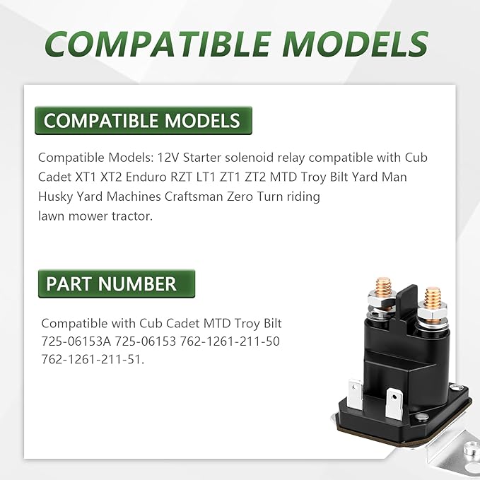 725-06153A Starter Solenoid for Cub Cadet XT1 XT2 Enduro RZT LT1 ZT1 ZT2 MTD Troy Bilt Yard Man Husky Yard Machines Craftsman Zero Turn Riding Lawn Mower Tractor 762-1261-211-50