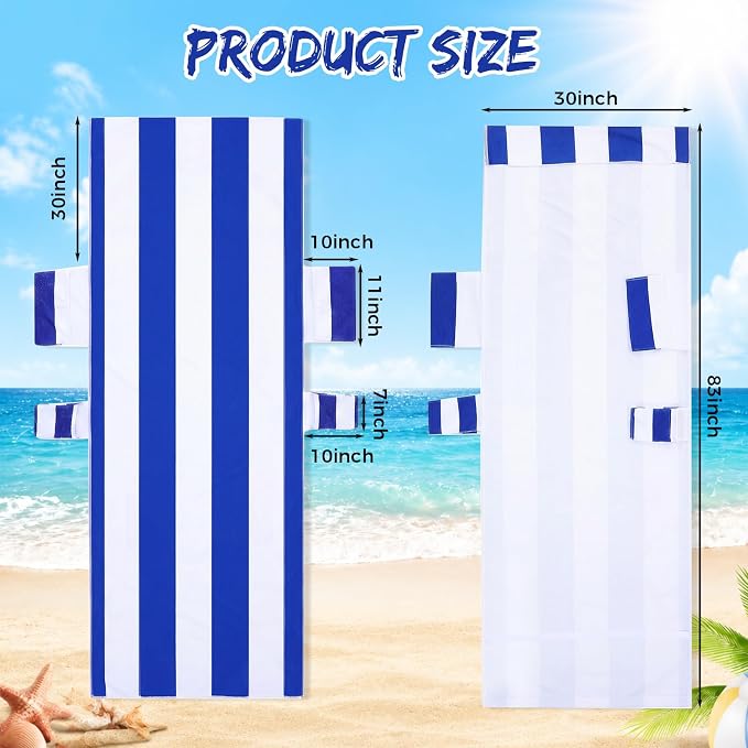 4 Pack Lounge Chair Towel Covers Striped Beach Chair Covers with Pockets Absorbent Microfiber Chaise Lounge Slipcover for Patio Pool Sun Lounger, 83 x 29.5 Inch