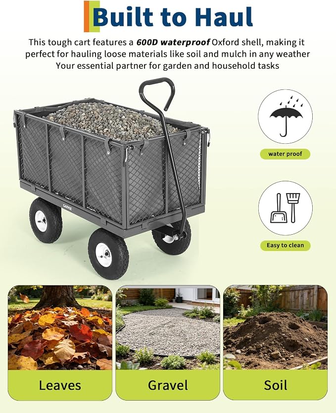 Garvee Versatile Outdoor Utility Cart-800LBS Heavy-Duty, 10" All-Terrain Pneumatic Tires, Easy Maneuverable Lawn Cart with Removable Mesh Panels for Gardening&Landscaping, Grey, with Waterproof Liner