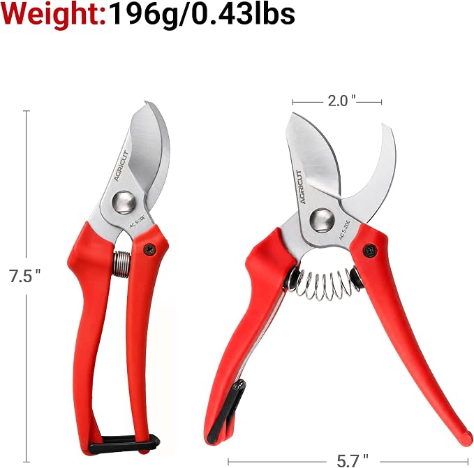 AGRICUT 7" Pruning Shears Heavy Duty Professional, Made of Japanese SK5 Steel Blades, 4/5 Cut Capacity, Bypass Hand Pruners Garden Clippers for Tree Flower Branch Trimming, S20E