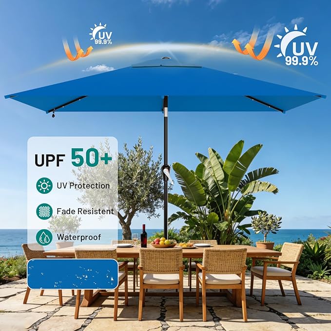 AreShark 6.5' x 10' Rectangular Patio Umbrella with Solar Lights, Solar Powered Lighted Market Umbrella w/Tilt and Crank, Outdoor Table Umbrella for Garden, Deck, Backyard, Pool and Beach, Royal Blue
