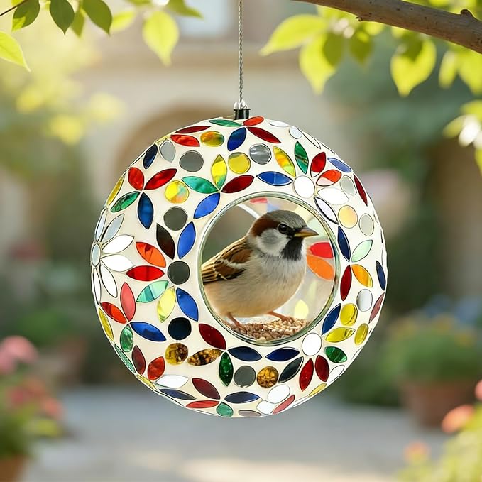 6 Inch Mosaic Glass Hanging Bird Feeder for Outdoors，Fly Through Bird Feeders for Wild Birds, Cute Seed Container with Round Shape for Backyard Window Garden Porch, Colorful Floral Mosaic