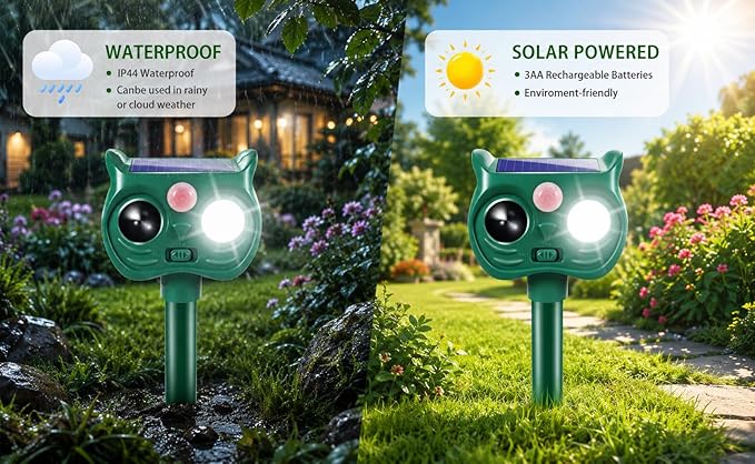 4PCS Solar Animal Repellent Outdoor, Ultrasonic Cat Repeller Outdoor&Deer Repellent Device, Rabbit Squirrel Raccoon Repellent with Motion Sensor LED Lights for Garden Yard