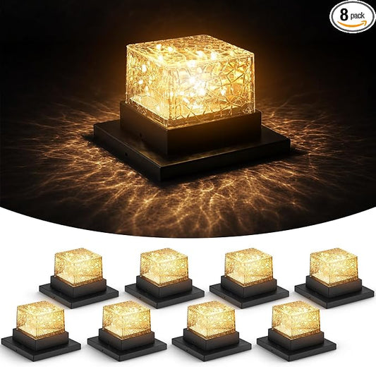 8Pack Crack Pattern Solar Post Cap Lights, DIY Firefly String Light Fence Post Solar Lights, 4x4 5x5 6x6 Vinyl/Wood Deck Post Caps, Built-in Solar Panel, Steady & Flickering Outdoor Patio Decor