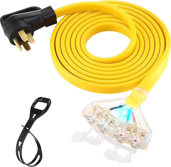 Tellegloww 15 FT Flat RV Generator Adapter Cord NEMA 14-50P to 4 X 5-20R/5-15R, 50A to 110V 15/20 A Household Outlet Adapter, 4 Prong 10 Gauge RV Generator Extension Cord, ETL Listed, Yellow