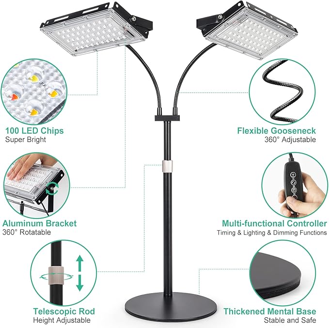 LBW Grow Light for Indoor Plant,Full Spectrum Dual Heads Desk Plant Light,Grow Lamp with 3H/6H/12H Timer,6-Level Brightness,3 Lighting Mode,Height Adjustable,Flexible Gooseneck,Ideal for Indoor Growth