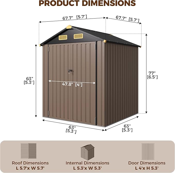 IRONCK 6×6 FT Shed, Galvanized Steel Tool Storage Shed with Lockable Double Doors & Ventilation, Outdoor Utility Storage for Wheelbarrow, Bikes, Yard Bins, Black Brown