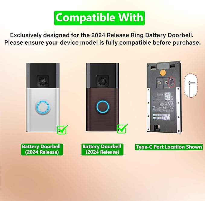 Solar Charger for Ring Doorbell with Built-in Energy Storage – 3W Solar Panel Compatible with 2024 Battery Doorbell only