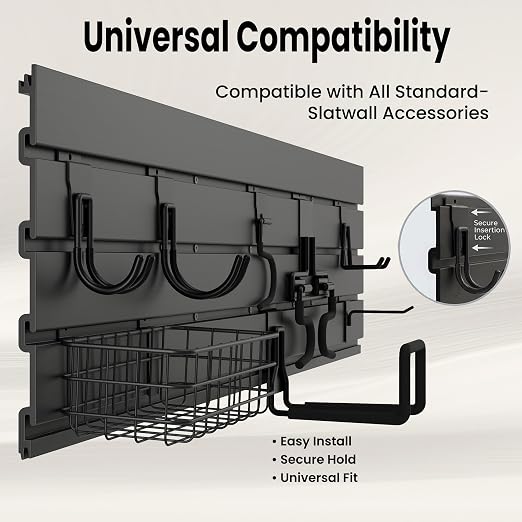 SMARTSTANDARD Slatwall Panel 4x8 FT, Garden Wall Organizer with 31 Garden Tool Hooks & Baskets,Heavy Duty PVC Slat Wall Panels for Gardening, Easy to Install & DIY Cutting (Black)