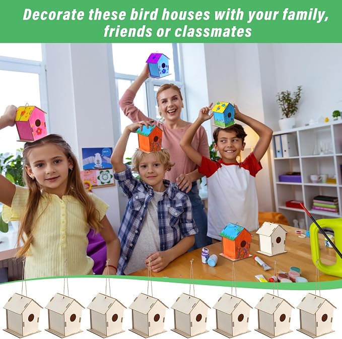 DoubleFill 120 Pcs 4.33" Wooden Bird Houses Crafts Kit for Kids DIY Unfinished Hanging Birdhouse for Art Painting Wood Toys Boy Girl Class Back to School Classroom Project Parties Creative Activity