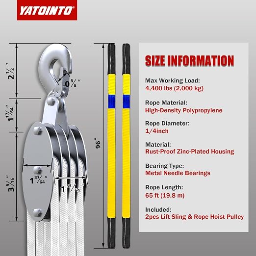 YATOINTO Upgraded Rope Pulley Hoist 4400 LB, 8:1 Pulley Block and Tackle System, Pulley Block 2200LB Loading Capacity, 65ft Heavy Duty Rope Hoist for Hunting Garage Warehouse (with 2PCs Straps)