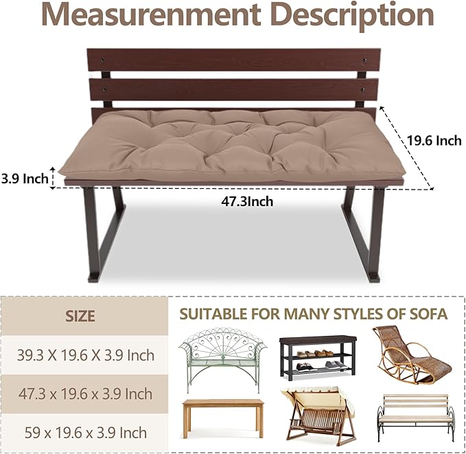 Yddsky 47.3 in Waterproof Indoor/Outdoor Garden Bench Seat Cushions，Thicken Patio Bench Soft Rocking Chairs Pad Lounger Seat for Wicker Loveseat Settee（47.3 X 19.6 X 3.9 in Khaki ）