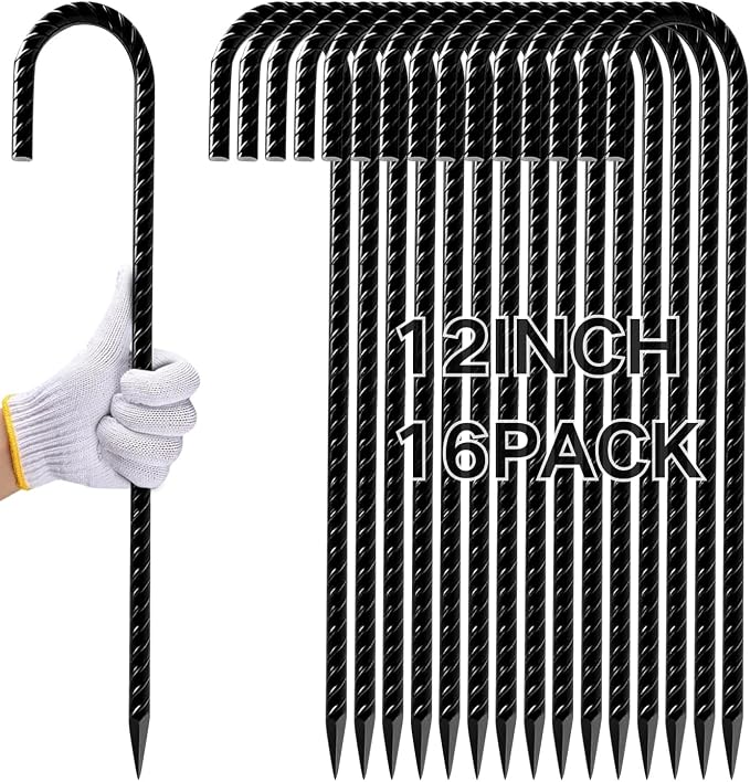 12 Inch 16 Pack Rebar Stakes Heavy Duty, J Hook Premium Black Coated Anti-Rust Ground Anchors for Chain Link Fence, Camping Tents, Outdoor Garden Decoration, Water Pipes