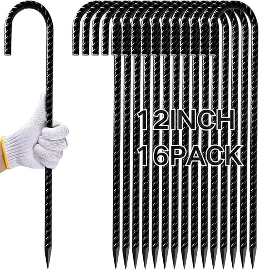 12 Inch 16 Pack Rebar Stakes Heavy Duty, J Hook Premium Black Coated Anti-Rust Ground Anchors for Chain Link Fence, Camping Tents, Outdoor Garden Decoration, Water Pipes