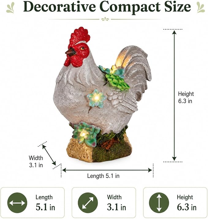 mocosa Solar Garden Statues Gray Rooster and LED Lights Birthday Gifts for Women Mom Grandma Solar Outdoor Cat Decor for Outside,Outdoor Solar Lights for Yard, Garden and Patio, Unique Gift for Women