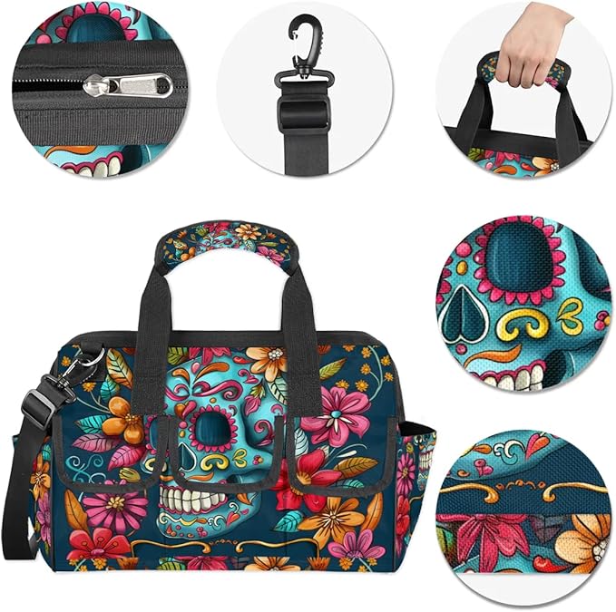 15 Inch Tool Bag 14-Pockets Tool Box Organizer for Men Flowers Skull Tool Tote Bag Waterproof Toolbox with Shoulder Strap Heavy Duty Garden Tool Organizer for Mechanic