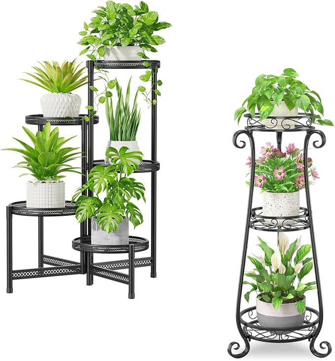 iDavosic.ly Metal Plant Stand for Indoor Outdoor Set of 2, 5 Tier Large Foldable Iron Carving Flower Pot Holder Shelf and 3 Layer Tall Vertical Display Rack for Patio Porch Living Room Garden, Black