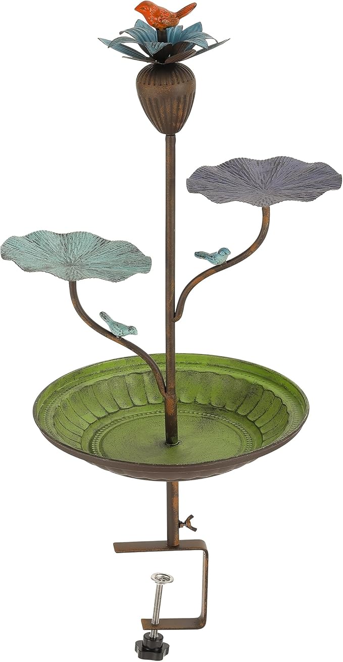 Lotus Theme Deck Railing Bird Bath Feeder Combo, Multi-Function Railing Bird Feeder & Bird Bath for Outdoor Use