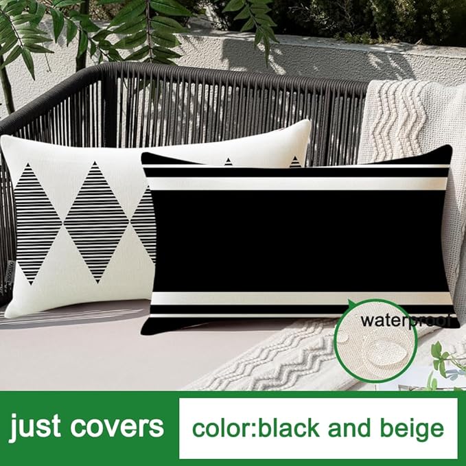 RABUSOFA Outdoor Pillows Covers 12x20 inch Waterproof,Black and Beige Boho Lumbar Throw Cushion Case Set of 4 for Patio Furniture for Couch Sunbrella(2W-12)